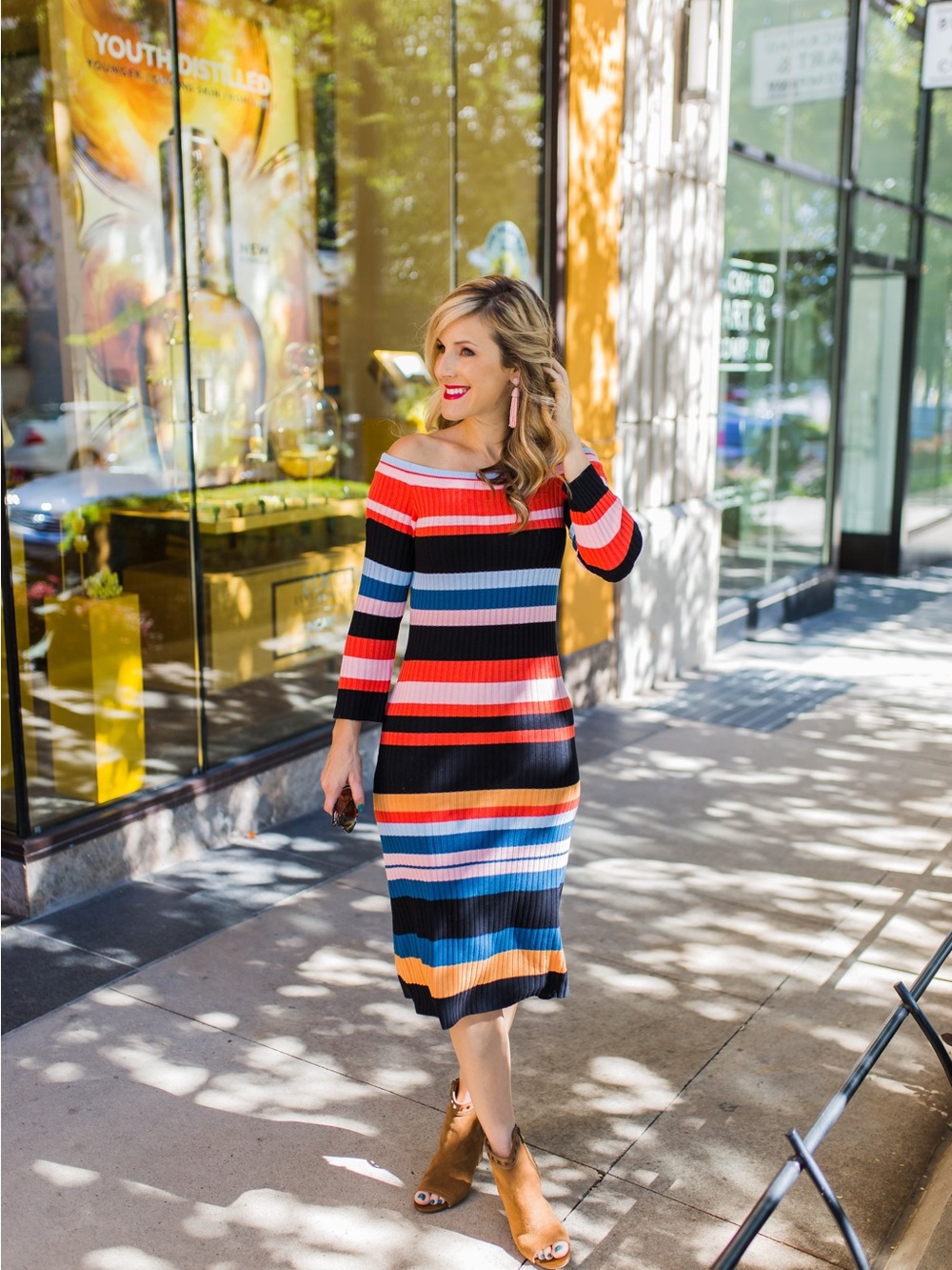 Endless Rose Off-Shoulder Midi Dress in Red, Black, Blue & Pink Stripes